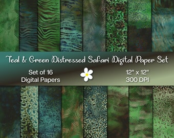 Teal & Green Distressed Jungle Safari Digital Paper Set, Instant Download, 300 DPI Paper, Set of 16 Papers, Printable Junk Journal Pages