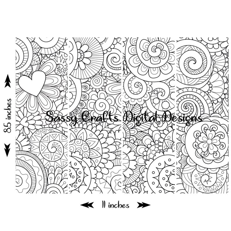 May include: Black and white printable digital download of an 8.5 inch by 11 inch colouring page featuring a repeating pattern of intricate swirls, circles, and flowers.