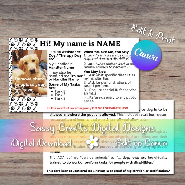 Plantilla Canva de la tarjeta de información de las leyes de la ADA, tarjeta de reglas de acceso público, tarjeta de leyes de perros de asistencia, tarjeta de información de perros de terapia, leyes de perros de trabajo