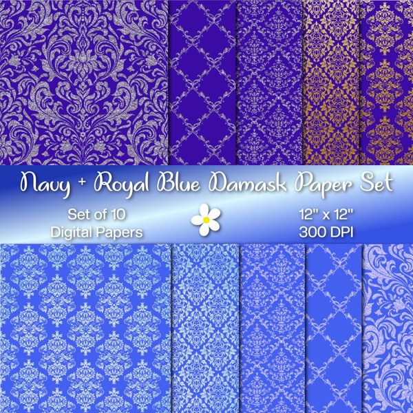 Navy & Royal Blue Damask Digital Paper Set, Instant Download, 300 DPI Paper, Set of 12 Papers, Printable Digital Papers, Glitter, Foil