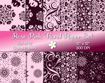Rose Pink Floral Digital Paper Set, Instant Download, 300 DPI Paper, Set of 12 Papers, Printable Digital Papers, Pastel, Wedding, Valentine
