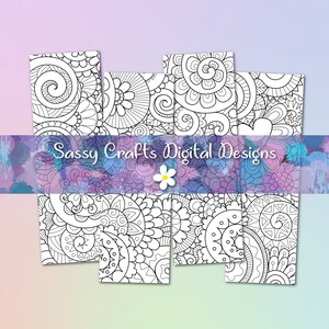 May include: A set of six black and white digital printable colouring pages featuring intricate mandala designs. The designs include swirls, flowers, and geometric patterns.