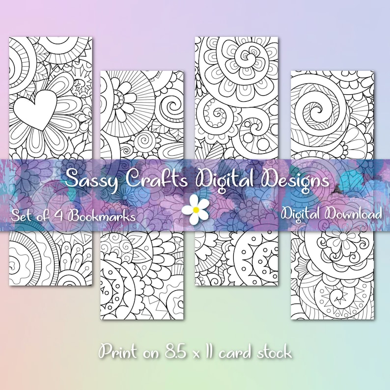 May include: Set of four black and white printable bookmark designs with intricate floral patterns. The bookmarks are designed to be printed on 8.5 x 11 inch card stock.