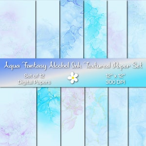 Aqua Fantasy Alcohol Ink Textured Paper Set, Download istantaneo, Carta 300 DPI, Set di 12 carte, Carte digitali stampabili, Carta ruvida