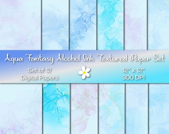 Aqua Fantasy Alcohol Ink Textured Paper Set, Instant Download, 300 DPI Paper, Set of 12 Papers, Printable Digital Papers, Textured Paper