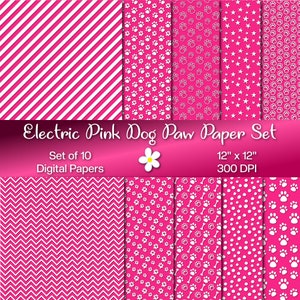 Electric Pink Dog Paw Digital Paper Set, Instant Download, 300 DPI Paper, Set of 12 Papers, Printable Digital Papers, Cat, Puppy, Kitten