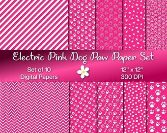 Juego de papel digital de pata de perro rosa eléctrico, descarga instantánea, papel de 300 DPI, juego de 12 papeles, papeles digitales imprimibles, gato, cachorro, gatito
