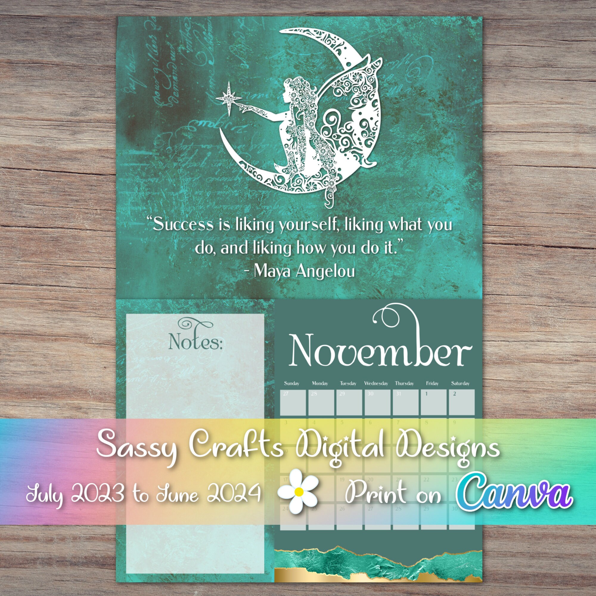 Printable Inspirational Teal 2024 Calendar, Printable Calendar, Monthly