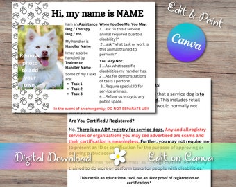 Public Access Laws Card Assistance Dog Information Card Large Size Working Dog Laws Card Therapy Dog Handler Card Public Access Dog Notice