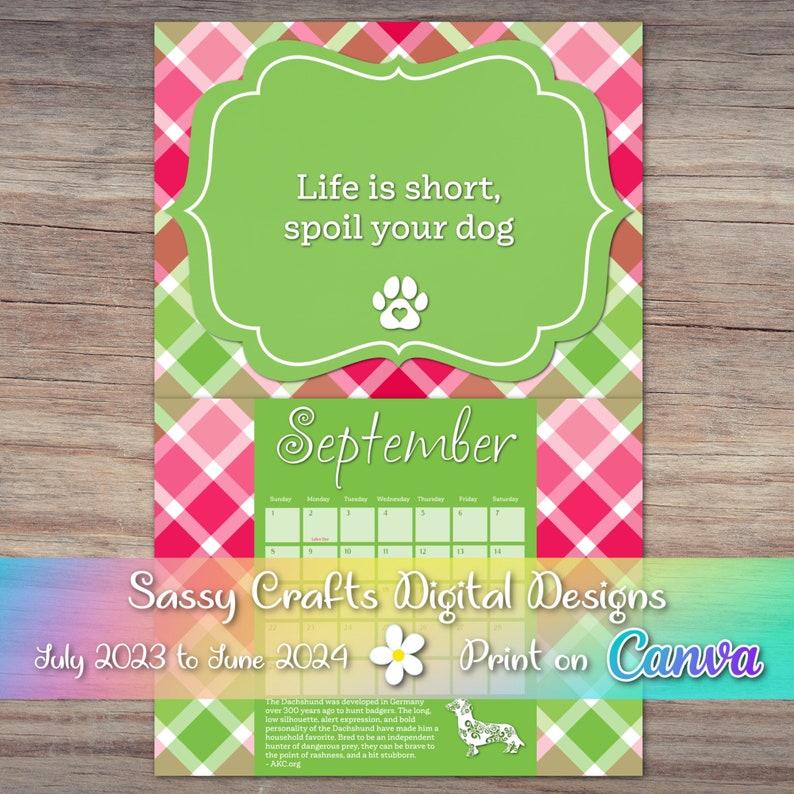 Printable Dog Quotes 2024 Calendar, Pink & Green Calendar, 2024