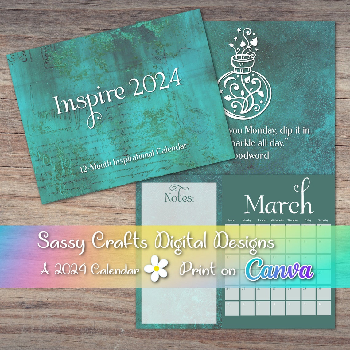 Printable Inspirational Teal 2024 Calendar, Printable Calendar, Monthly