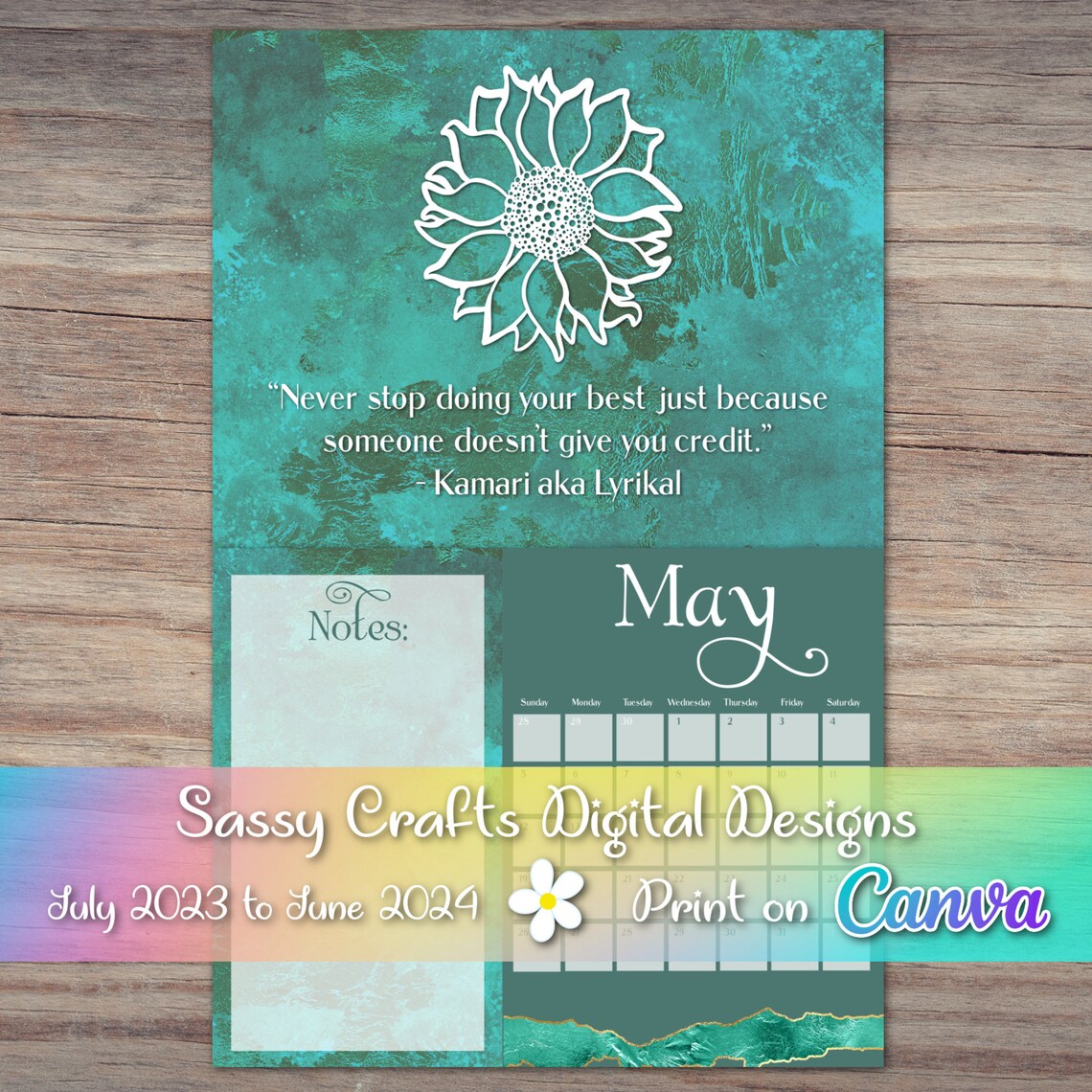 Printable Inspirational Teal 2024 Calendar, Printable Calendar, Monthly