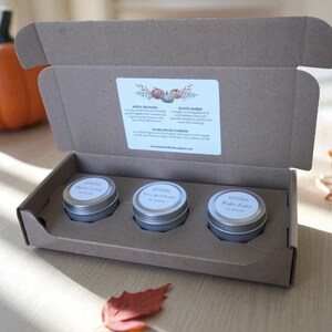 Puede incluir: Una caja de cartón abierta que contiene tres pequeños botes plateados con etiquetas blancas. La caja está sobre una superficie de madera, con una calabaza y una hoja de otoño en el fondo. Las etiquetas dicen "Apple Orchard", "Rustic Amber" y "Butter Pumpkin".