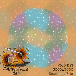May include: A digital illustration of a honey jar with a dripping honey stream, two sunflowers, and bees on a black tablet. The background is a blue, pink, and yellow gradient with white stars. The text "Honey Doodles Art" is at the bottom of the image. The text ">300 DPI 3000x3000 Seamless File" is at the bottom right of the image.