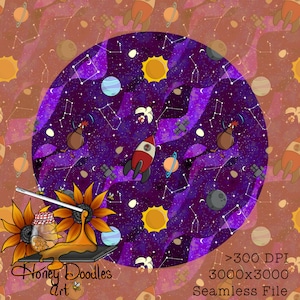 Chickens in Space, Purple Cartoon Galaxy, Seamless File, Digital Paper