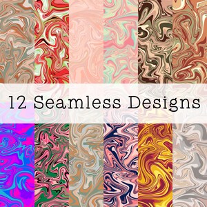 May include: Twelve seamless digital paper designs featuring abstract swirls in various colors, including red, blue, green, yellow, pink, and brown. The designs are perfect for creating backgrounds, patterns, and other creative projects.