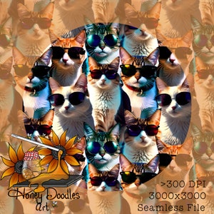 Op de afbeelding: Een naadloos patroon met een herhalend ontwerp van katten die zonnebrillen dragen. De katten zijn in verschillende poses en hebben verschillende vachtkleuren. De achtergrond is lichtbruin. Het patroon is perfect voor gebruik in stoffen, behang of andere decoratieve toepassingen.