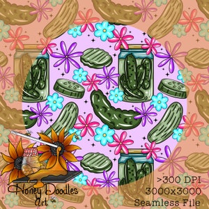 May include: A seamless pattern featuring jars of pickles, green cucumbers, and purple, pink, and blue flowers on a light purple background. The pattern is surrounded by a brown background with brown pickles and flowers.