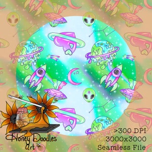 Pastel Space, Bright Aliens, Space Ships, Bright Space, Green Background, Seamless File, Digital Paper