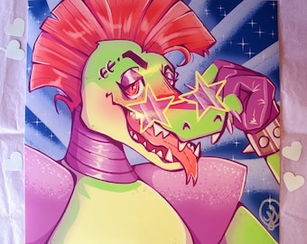 May include: A green and yellow cartoon dinosaur with a mohawk and sunglasses. The dinosaur is wearing a purple and pink outfit and has a pink tongue sticking out. The background is a blue and purple gradient with stars.