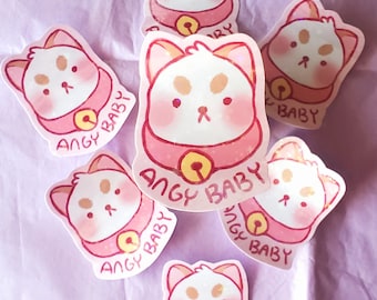 May include: Eight pink and white stickers with a cartoon dog wearing a pink collar with a bell and the text "Angry Baby".