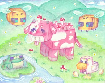 May include: A digital illustration of a Minecraft cow with red and white spots, a frog in a pond, a chicken, and two bees. The cow has mushrooms growing on its back. The background is a green field with flowers and hills.