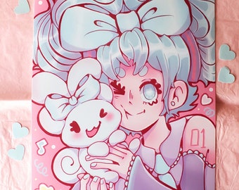 May include: A pastel pink background with a light blue haired girl holding a white plush bunny with a light blue bow. The girl is wearing a purple and white dress with a light blue bow in her hair. The number 01 is on her sleeve.