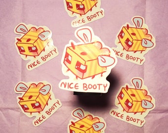 May include: Seven yellow and black bee stickers with the text "Nice Booty" on each. The bees are cartoon-style and have a cute expression.
