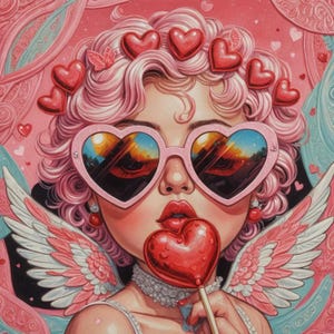 Puede incluir: Ilustración de una mujer con cabello rosado, gafas de sol en forma de corazón y alas de ángel. Sostiene una piruleta roja en forma de corazón. El fondo es rosa con diseños de corazones y remolinos. Las gafas reflejan un atardecer.