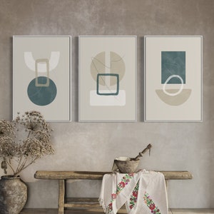 Set di arte da parete stampabile minimalista di 3, boho moderno di metà secolo, forme geometriche astratte, beige blu verde acqua, download istantaneo di più dimensioni