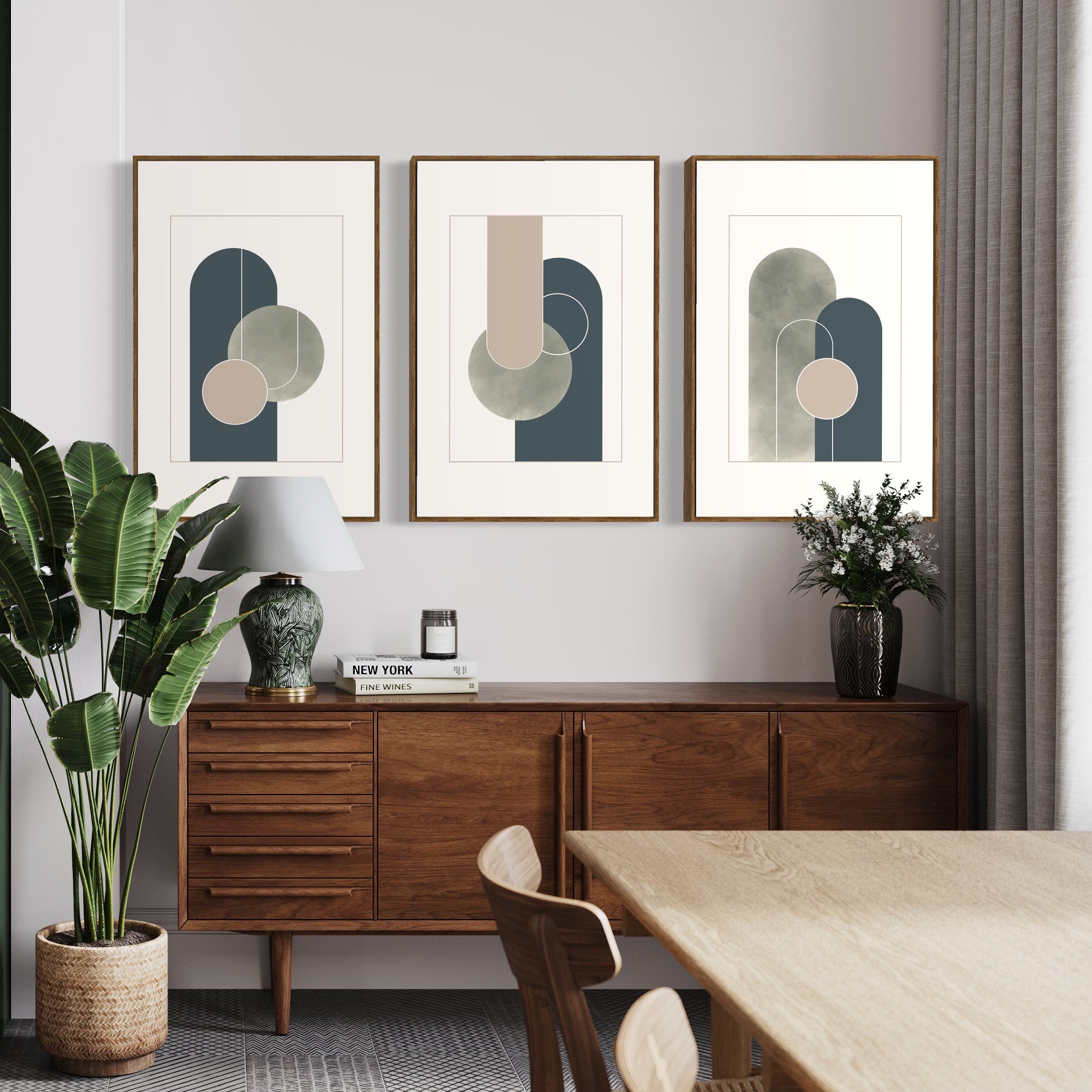 Mid Century Modern Abstract Printable Wall Art Set of 3, Blue Green and ...