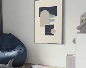 Art mural géométrique moderne Mid-Century, impression bleu marine beige (téléchargement numérique)