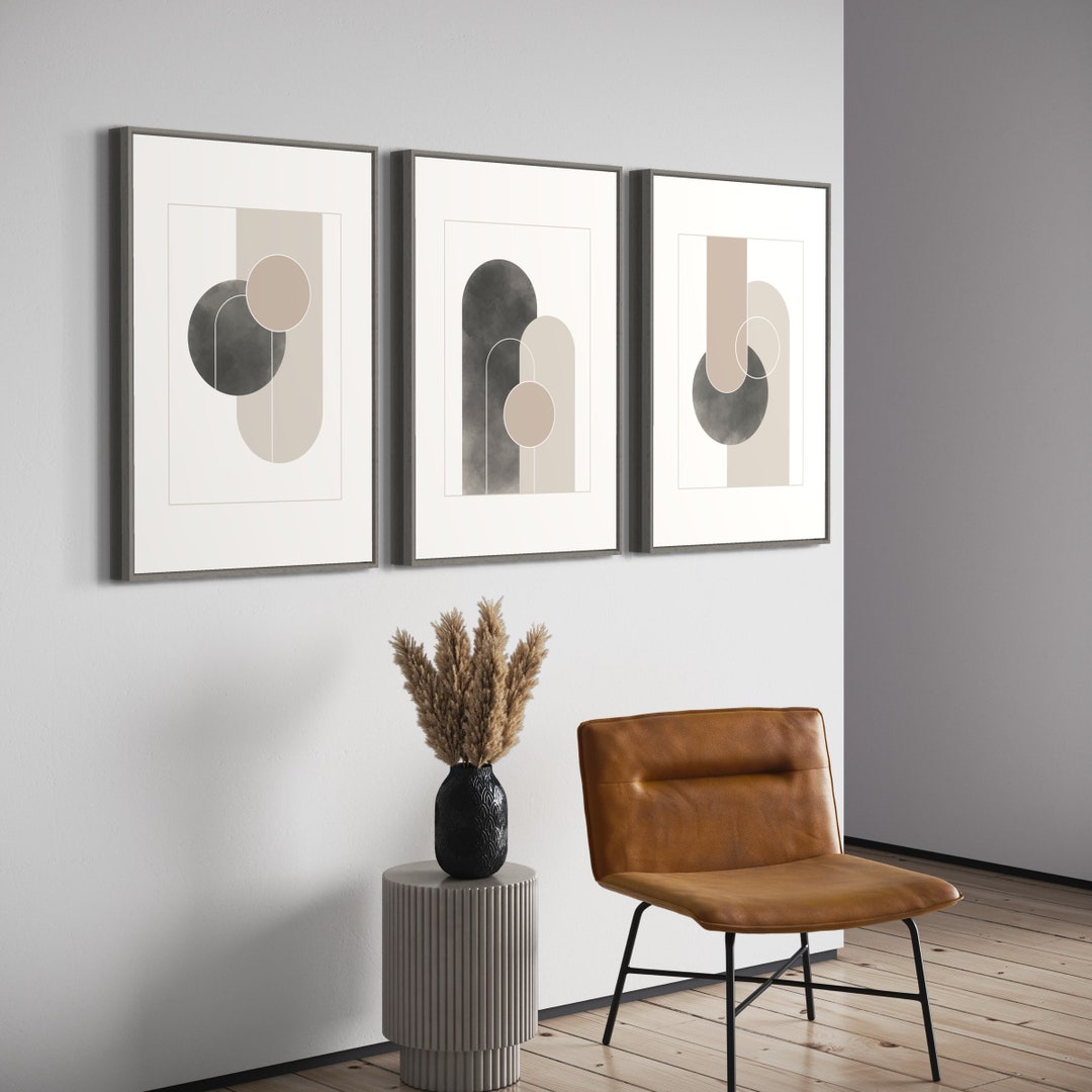 Mid Century Modern Geometric Print Set, Beige Minimalist Wall Art ...