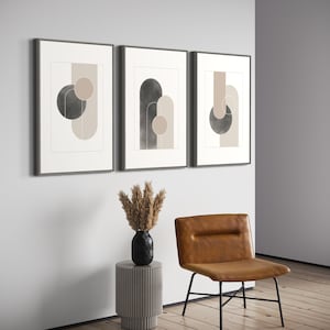 Conjunto de arte de parede abstrata moderna para impressão de meados do século com 3 formas geométricas neutras e minimalistas, download instantâneo, vários tamanhos