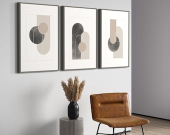 Mid century modern abstract printable wall art set of 3, neutral and minimalist geometric shapes, instant download, multiple sizes