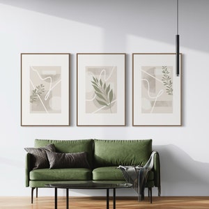 Conjunto de 3 arte de parede abstrata Boho para impressão, verde botânico e bege, geométrico minimalista, download instantâneo, vários tamanhos