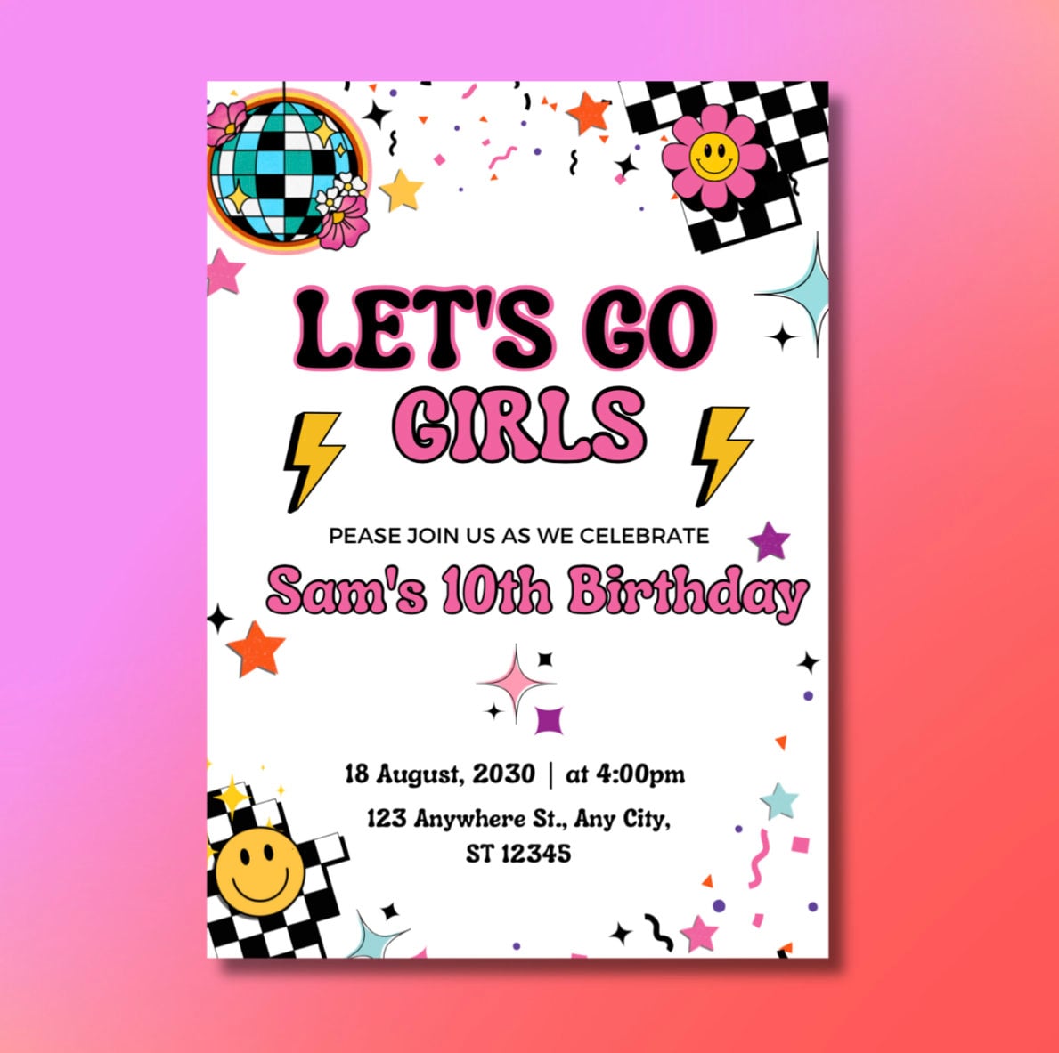 Groovy Happy Face Birthday Party Invite Birthday Invitation Girls