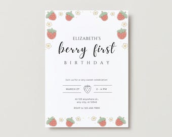 Berry Pierwsze Urodziny Cyfrowe Zaproszenie Edytowalne Urodzinowe Zaproszenie Do Pobrania Natychmiastowe Urodzinowe Przyjęcie Truskawkowe