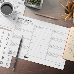 May include: A workspace with a "Brand Canvas" template, a cup of coffee, pencils, and a notebook. The template is for creating a brand, with sections for audience, competitors, and brand values. Various logo sketches are on a separate sheet.