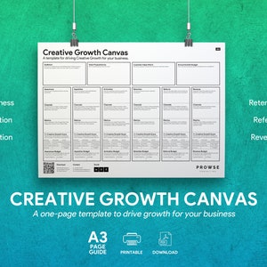 May include: A black and white printable Creative Growth Canvas template. The canvas is divided into six sections, each with a different stage of the customer journey: Awareness, Acquisition, Activation, Retention, Referral, and Revenue. The template includes space for audience, value proposition, customer value metrics, annual growth budget, channels, metrics, creative growth score, and budget.