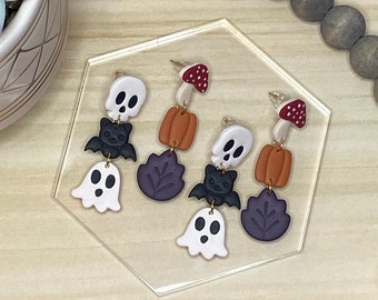 Stacked Trio Dangle Earrings, Polymer Clay Earrings, Halloween Earrings, Fall Earrings, Handmade, Lightweight, Spooky, Mushroom, Bat, Ghost