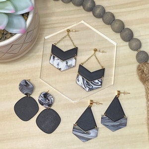 Black Marbled Dangle Earrings, Polymer Clay Earrings, Black Earrings, Dangles, Marbled, Textured, Black and White, Handmade, Lightweight