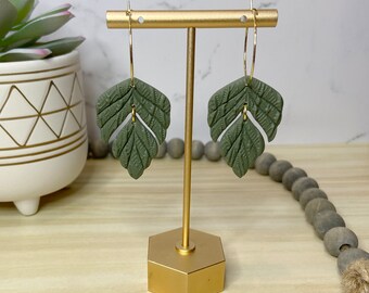 Textured Green Leaf Hoops, Polymer Clay Earrings, Leaf Earring, Hoop Earrings, Green, Handmade, Lightweight, Textured