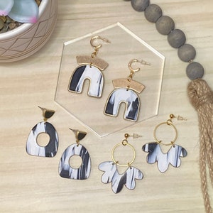 Gold Edged Marble Dangle Earrings, Polymer Clay Earrings, Dangle Earrings, Marbled Earrings, Stylish Earrings, Black and White Earrings