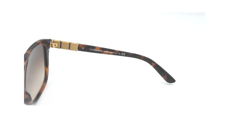 May include: Brown and gold tortoiseshell sunglasses with brown lenses. The sunglasses have a gold metal hinge and the text "VERSACE MADE IN ITALY CE" is printed on the arm.