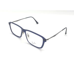 May include: Blue rectangular eyeglasses with dark gray temples. The glasses have a thin frame and the Ray-Ban logo is visible on the lens. The glasses are set against a white background.