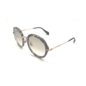 May include: Oval-shaped sunglasses with a speckled gray and black frame. The lenses are a gradient shade of brown. The arms are gold-toned with black tips. The glasses are set against a white background.