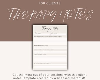 Puede incluir: Descarga digital de una plantilla de notas de terapia. La plantilla incluye secciones para notas antes y después de la sesión, objetivos y conclusiones clave. El diseño es minimalista con una paleta de colores neutros y el texto "Therapy Notes".