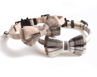 Bowknot Cat/Puppy Collar with Bell, Removable Bowtie, Breakaway safety buckle, Scottish Plaid Cotton Bow Tie