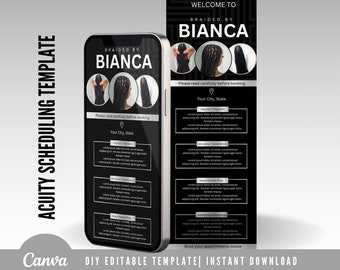 Può includere: Mockup di schermo di telefono cellulare in bianco e nero con sfondo nero e testo bianco. Il testo recita "Braided by Bianca" e "Benvenuti a Braided by Bianca". Il testo include anche "Si prega di leggere attentamente prima di prenotare" e "Prenota i tuoi appuntamenti qui sotto".
